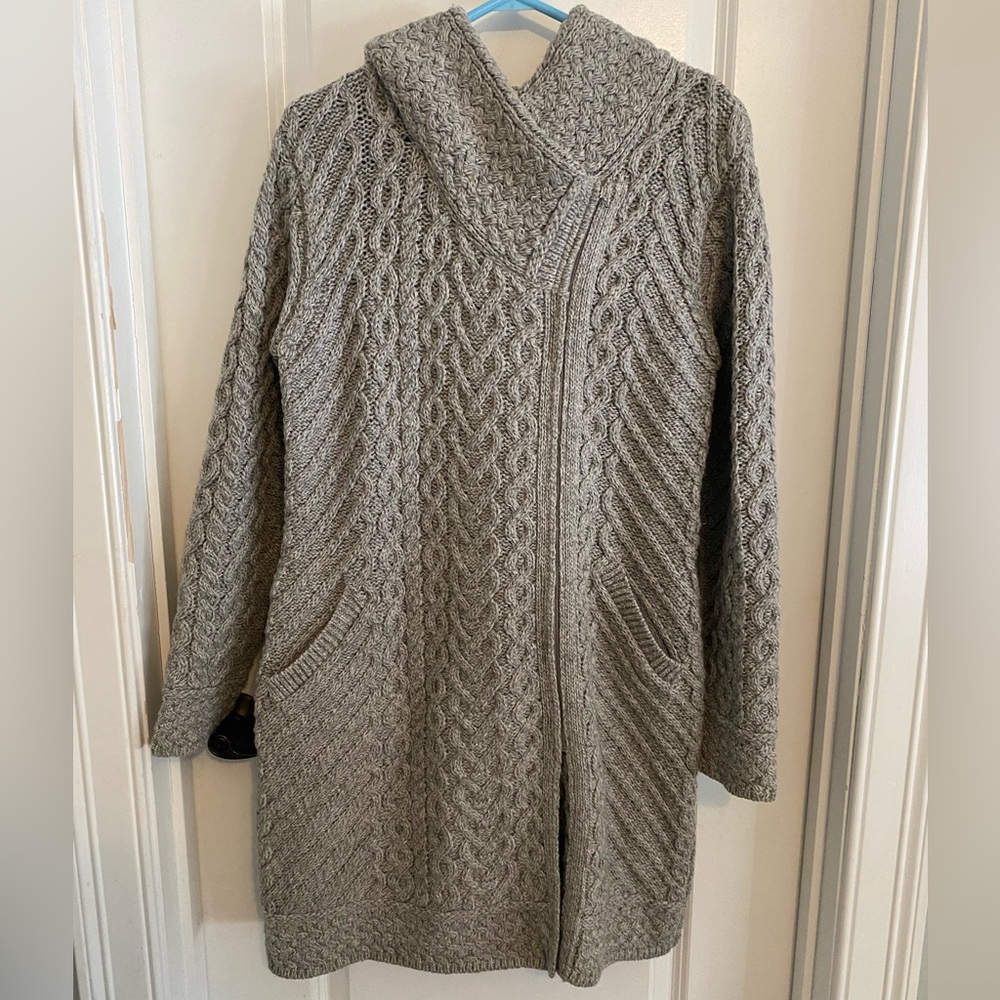 Aran Mor Made in Ireland Merino Wool Cable Knit Hooded Long Cardigan - Picture 2 of 14